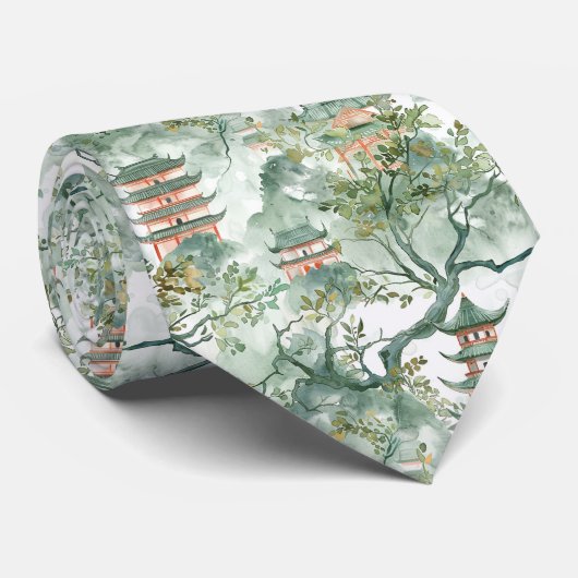 緑豊かな自然に囲まれたアジアの水彩塔(5) ネクタイ (ロール)