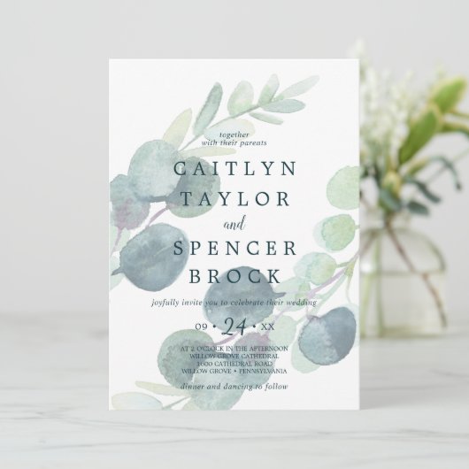 緑豊かな色あせたユーカリ結婚プス 招待状 (スタンド正面)