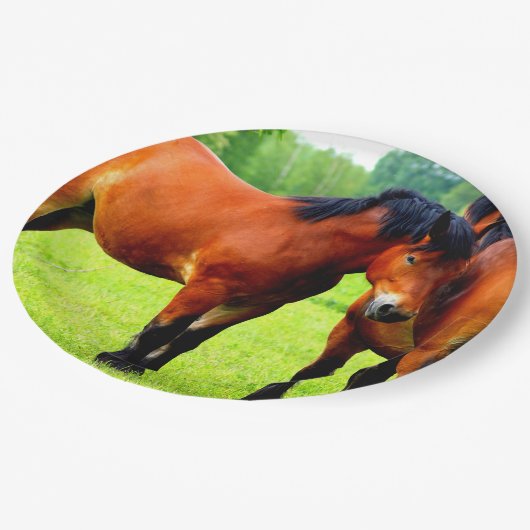 緑豊かな荷車を引く牧草地に美しいベイの馬 ペーパープレート (アングル)