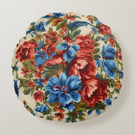 緑豊かな赤と青の花と緑豊かな離れ花 ラウンドクッション (正面)