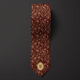 緑豊かな金ゴールドの花Burgundy Monogram ネクタイ