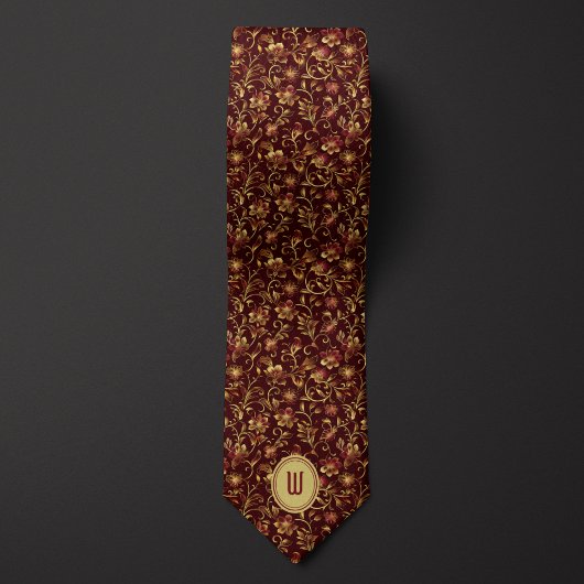 緑豊かな金ゴールドの花Burgundy Monogram ネクタイ