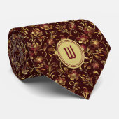 緑豊かな金ゴールドの花Burgundy Monogram ネクタイ (ロール)