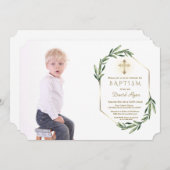 緑豊かな金ゴールドクロスボーイフォトバプテスマ 招待状 (正面/裏面)