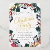 緑豊かな雪のクリスマスリーススクリプト 箔招待状 (正面)