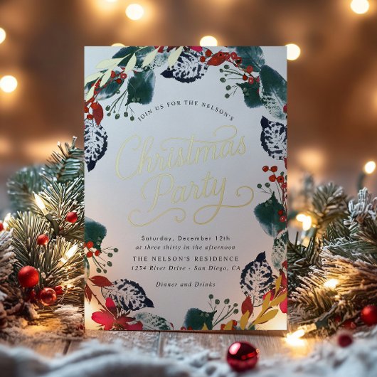 緑豊かな雪のクリスマスリーススクリプト 箔招待状