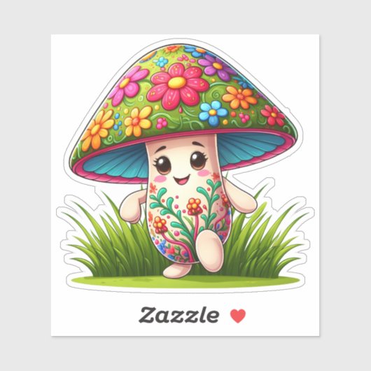 緑豊カラフルかな庭のキノコ シール (シート)