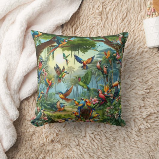 緑豊カラフルかな植物の中に鮮やかある熱帯鳥 クッション (ブランケット)
