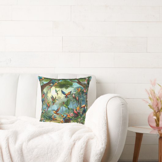 緑豊カラフルかな植物の中に鮮やかある熱帯鳥 クッション (ソファ)