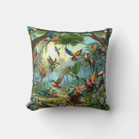 緑豊カラフルかな植物の中に鮮やかある熱帯鳥 クッション (正面)