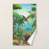 緑豊カラフルかな植物の中に鮮やかある熱帯鳥 バスタオルセット (ハンドタオル)