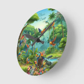 緑豊カラフルかな植物の中に鮮やかある熱帯鳥 ラウンド壁時計 (傾斜)