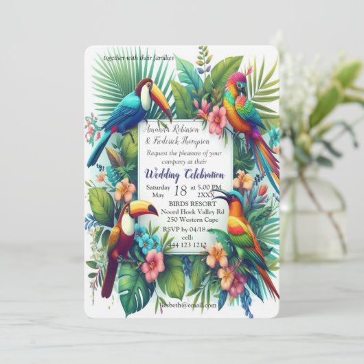 緑豊カラフルかな植物の中に鮮やかある熱帯鳥 招待状 (スタンド正面)