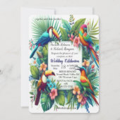 緑豊カラフルかな植物の中に鮮やかある熱帯鳥 招待状 (正面)