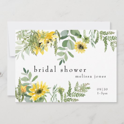 緑豊モダンかな葉とヒマワリブライダルシャワー 招待状 (正面)