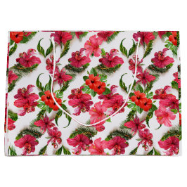 緑豊鮮やかかなピンクと赤の熱帯植物学 ラージペーパーバッグ