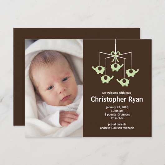 緑象の男の赤ちゃんの誕生Annoucement 招待状 (正面/裏面)