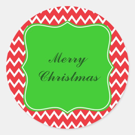 緑赤と白のクリスマスのシェブロン模様 ラウンドシール (正面)