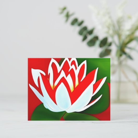 緑赤と白の蓮の葉花 ポストカード (スタンド正面)