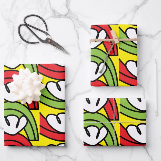 緑赤植物花模様 ラッピングペーパーシート (正面)