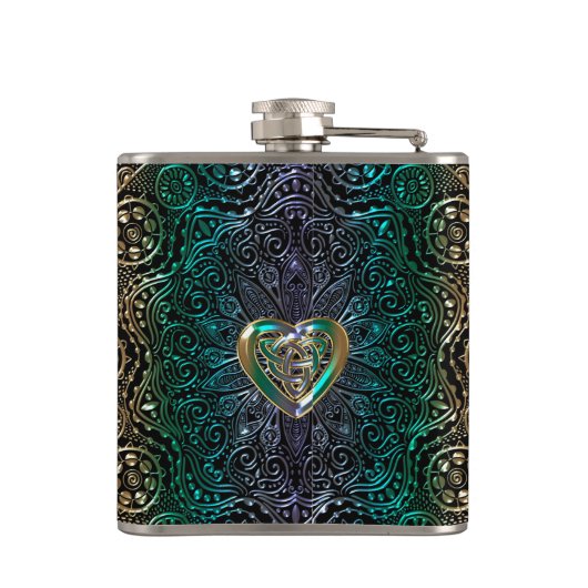 緑金ゴールドのケルト族のハートの曼荼羅 フラスク (裏面)