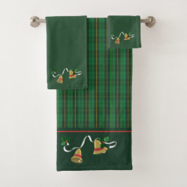緑金ゴールドの格子縞のクリスマス鐘 バスタオルセット