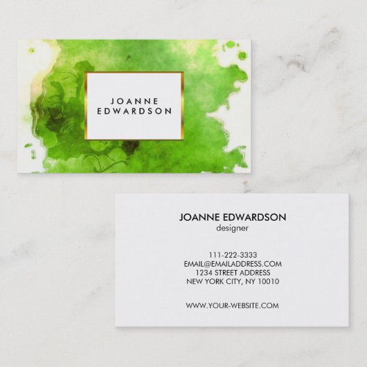 緑金ゴールドの水彩画の(ばちゃばちゃ)跳ねるのしぶきのプロフェッショナル 名刺 (正面/裏面)
