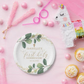 緑金ゴールドの緑の草木の植物の最初聖餐式 ペーパープレート (パーティー)