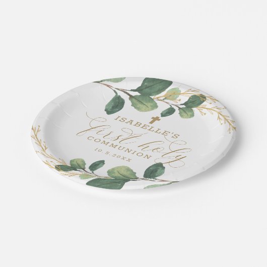 緑金ゴールドの緑の草木の植物の最初聖餐式 ペーパープレート (アングル)
