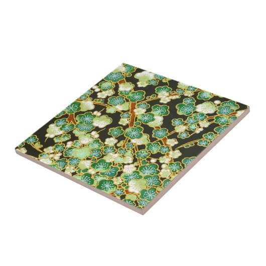 緑金ゴールドの花の枝ヴィンテージのOrigamiの花柄 タイル (側面)