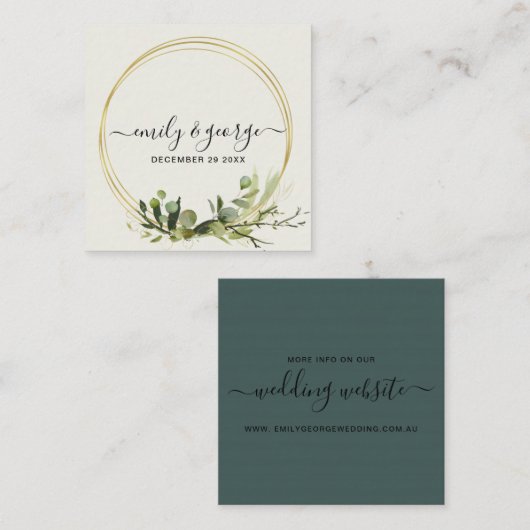 緑金ゴールドの葉の水の色の結婚ウェブサイト スクエア名刺 (正面/裏面)