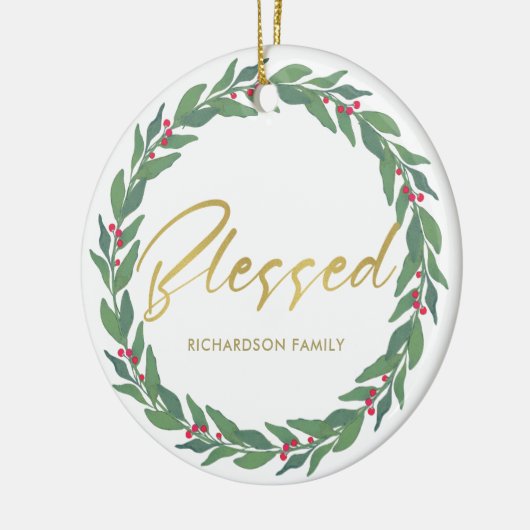 緑金ゴールドの賛美される赤い果実のリースのクリスマス セラミックオーナメント (左)