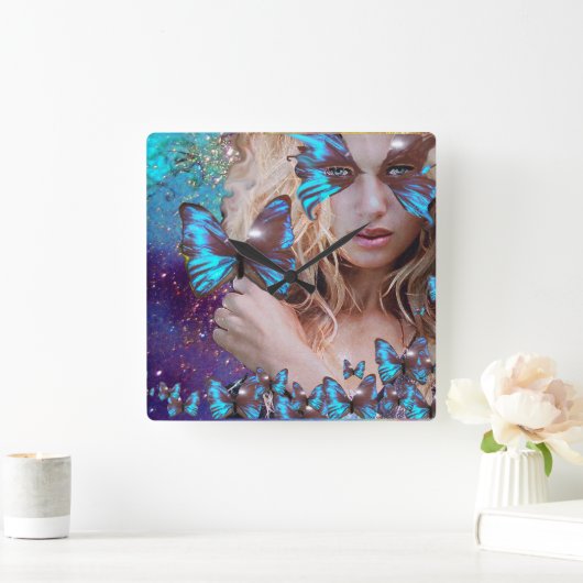 緑金ゴールドの輝きを持つ青い蝶 スクエア壁時計 (ホーム)