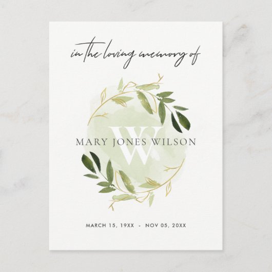 緑金ゴールド動物リース悔やみや弔慰メモリアルサービス インビテーションポストカード (正面)