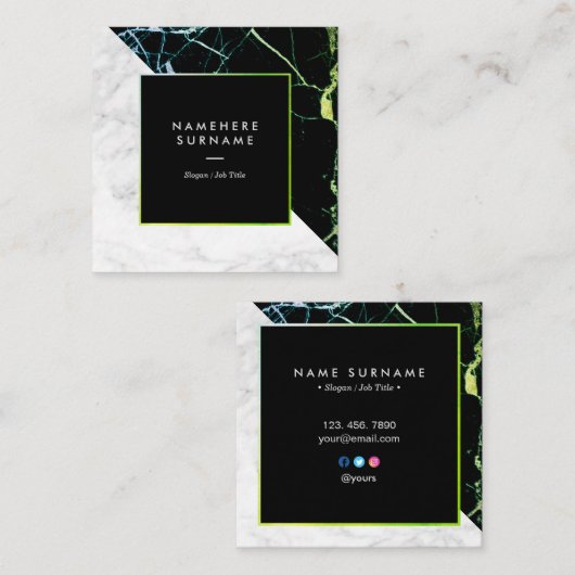 緑金ゴールド及び白い大理石の正方形の名刺 スクエア名刺 (正面/裏面)