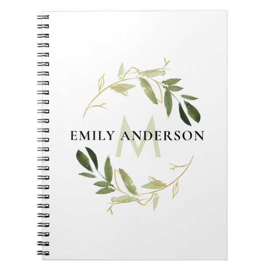 緑金ゴールド茎水色リースモノグラム ノートブック (正面)