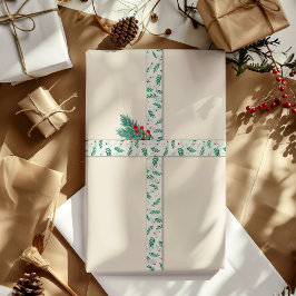 緑離れと赤の果実クリスマスパターン白 サテンリボン