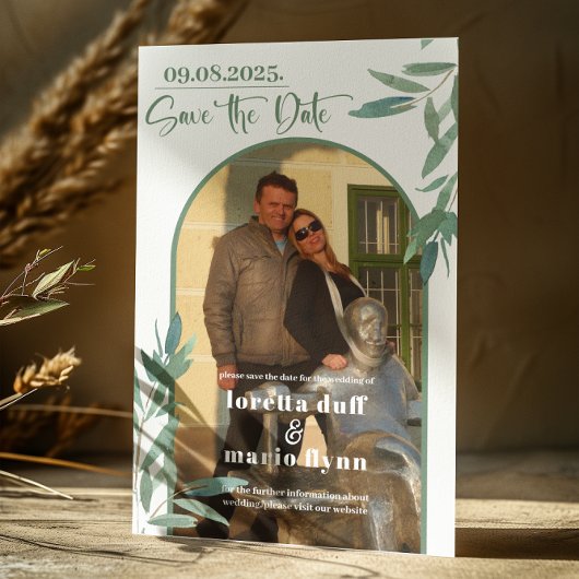 緑離れの写真アーチ日付を保存 招待状