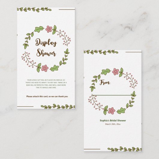 緑離れ色ピンク花飾りシャワー エンクロージャーカード (正面/裏面)
