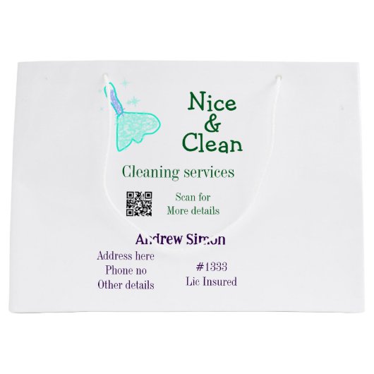 緑青の光るきれいなモップ　名前 住所 QRコード追加 ラージペーパーバッグ (正面)