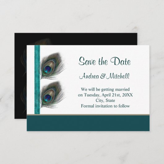 緑青の孔雀の羽根 Save the date 招待 セーブザデート (正面/裏面)