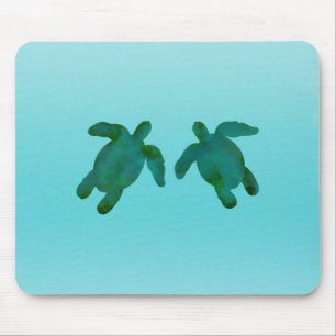 緑青の水彩画の海とカメ マウスパッド