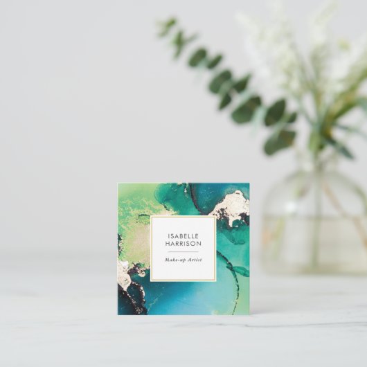 緑青の金ゴールド水彩インク名刺 スクエア名刺 (スタンド正面)