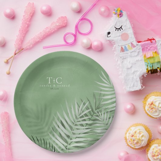 緑青パーム結婚リーフのモスグリーンV2 ID956 ペーパープレート (パーティー)