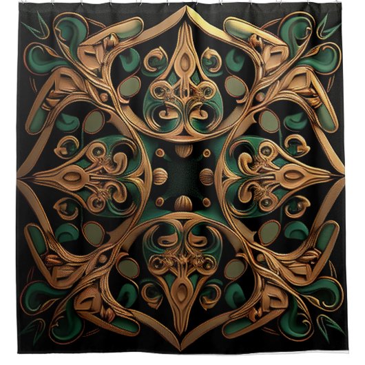 緑青ブロンズの装飾的な格子模様の装飾 シャワーカーテン (正面)