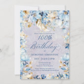 緑青ホワイトウォーターカラーフローラ100誕生日 招待状 (正面)
