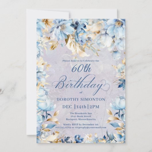 緑青ホワイトウォーターカラーフローラ60誕生日 招待状 (正面)