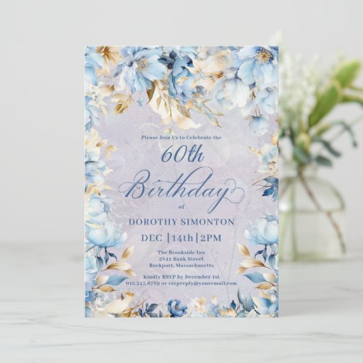 緑青ホワイトウォーターカラーフローラ60誕生日 招待状 (スタンド正面)