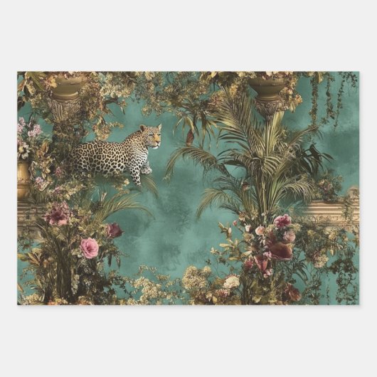 緑青華美シーンヒョウの葉鮮やか花 ラッピングペーパーシート (正面)