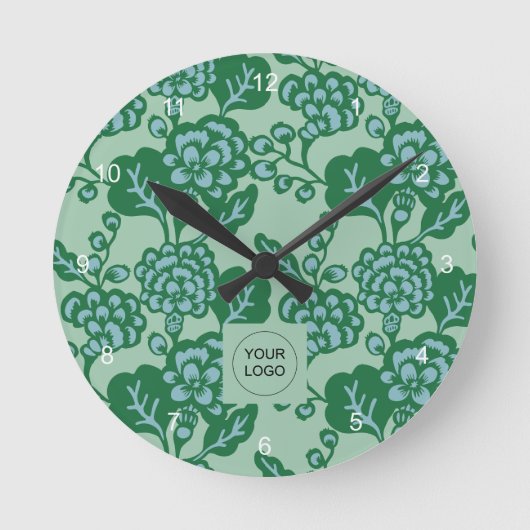 緑青鮮やか花はっきりした柄 ラウンド壁時計 (正面)